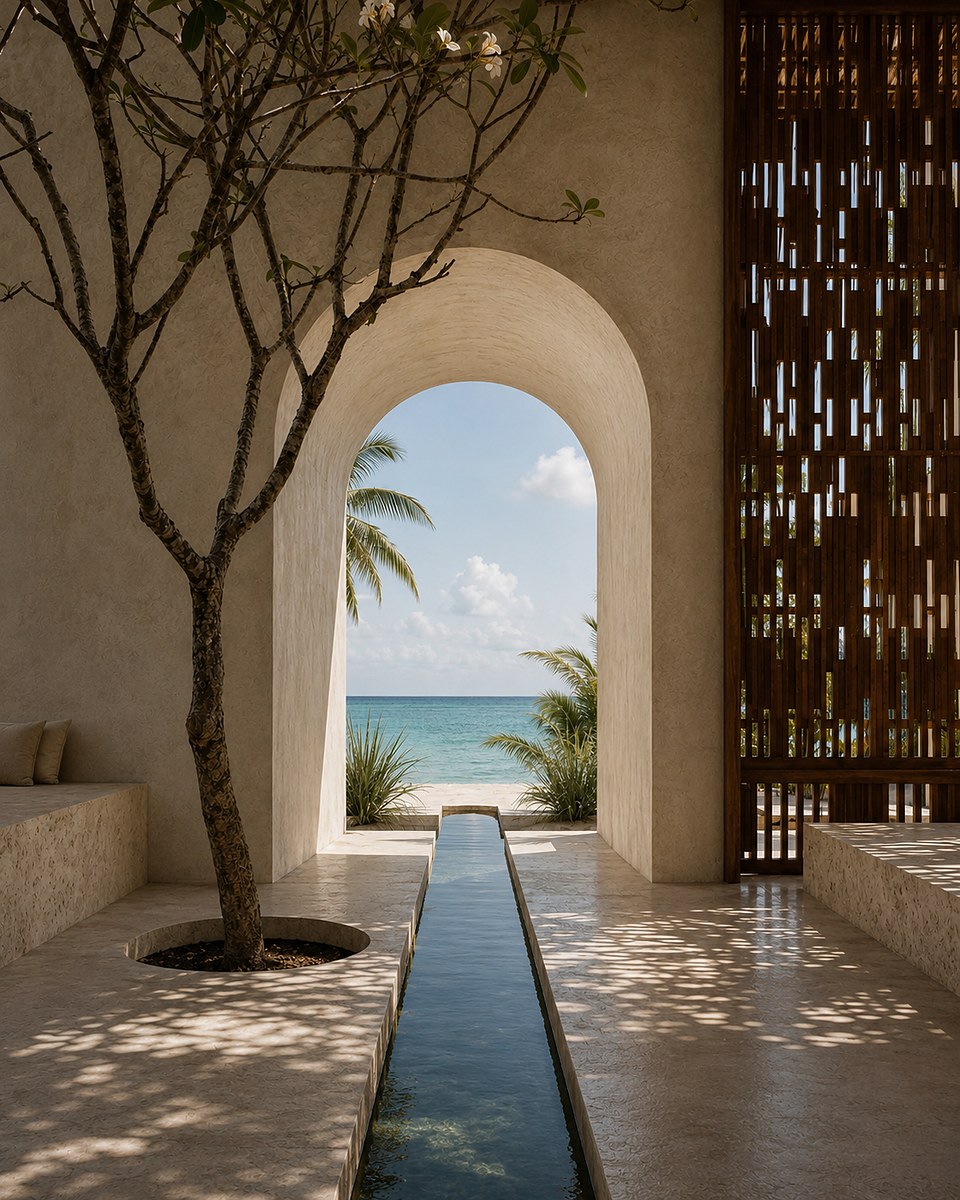 Lime-plaster courtyard with a reflecting channel and timber screen framing the sea beyond