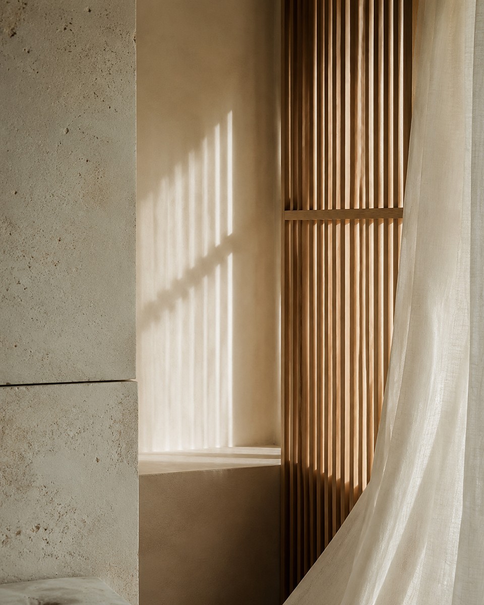 Material study: timber screening, lime plaster and linen in coastal daylight